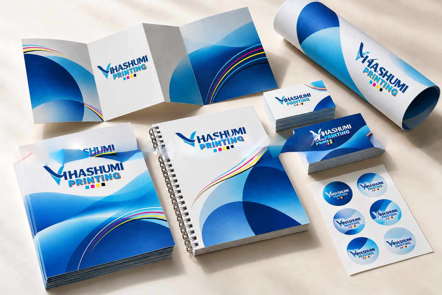 Illustrative Vhashumi business cards, flyers and printed stationery